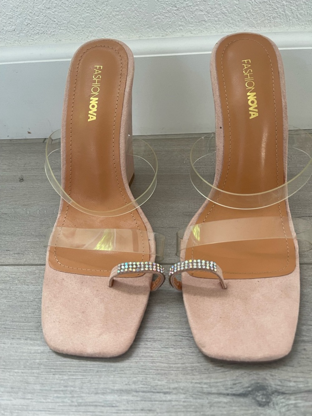 Fashion Nova Suede Clear Strap Rhinestone Toe-Loop Mules